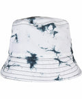 A black and white tie-dye Flexfit By Yupoong YP166 bucket hat with stitched seams.