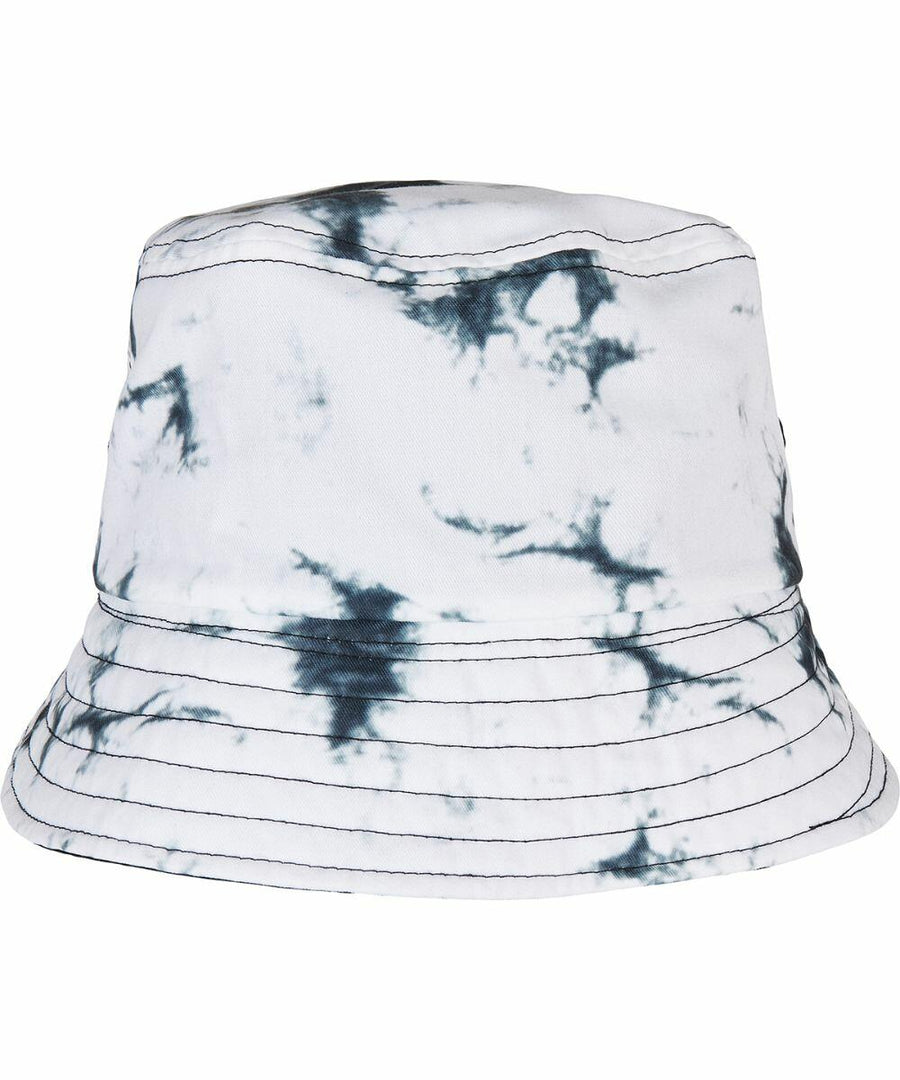 A black and white tie-dye Flexfit By Yupoong YP166 bucket hat with stitched seams.