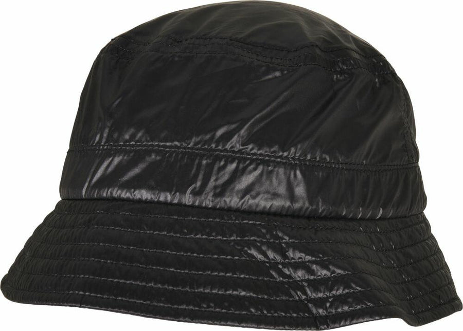 Flexfit By Yupoong's YP168 is a black shiny bucket hat featuring a quilted texture.