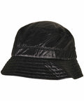 A black, shiny, quilted bucket hat with a brim: YP168 by Flexfit By Yupoong.