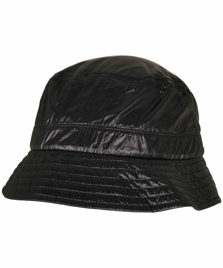 A black, shiny, quilted bucket hat with a brim: YP168 by Flexfit By Yupoong.