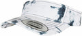 The YP170 visor by Flexfit By Yupoong features a white and black tie-dye design, an adjustable strap, and a sticker on the brim.