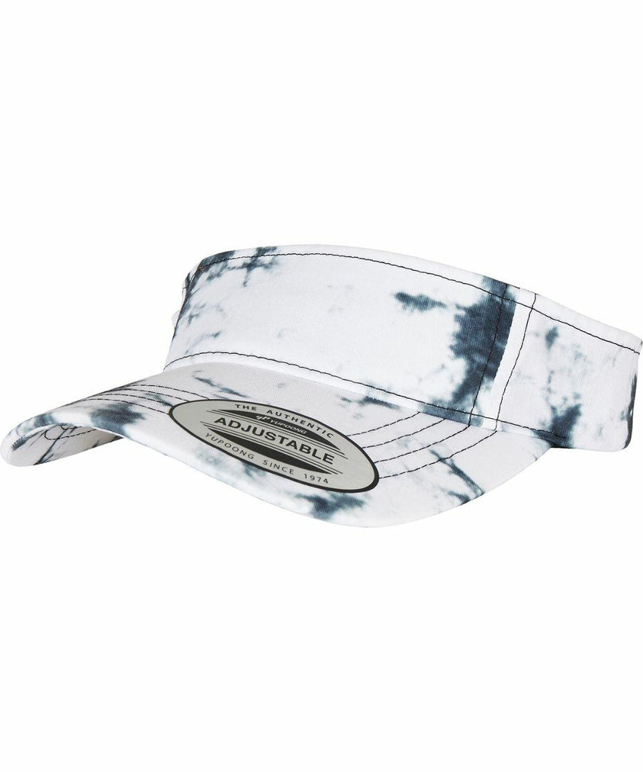 A white tie-dye adjustable visor cap with black patterns and a label on the brim, called YP170 by Flexfit By Yupoong.