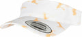 This is the YP170 by Flexfit By Yupoong, a white and orange tie-dye visor cap featuring an adjustable strap and a circular label on the brim.