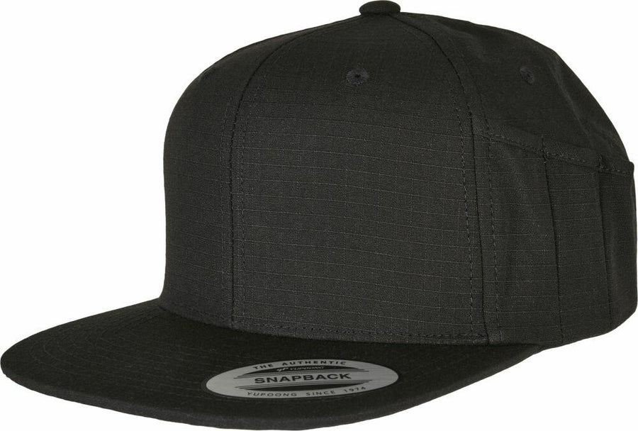 A YP171 by Flexfit By Yupoong snapback hat in black, featuring a flat brim and textured pattern.