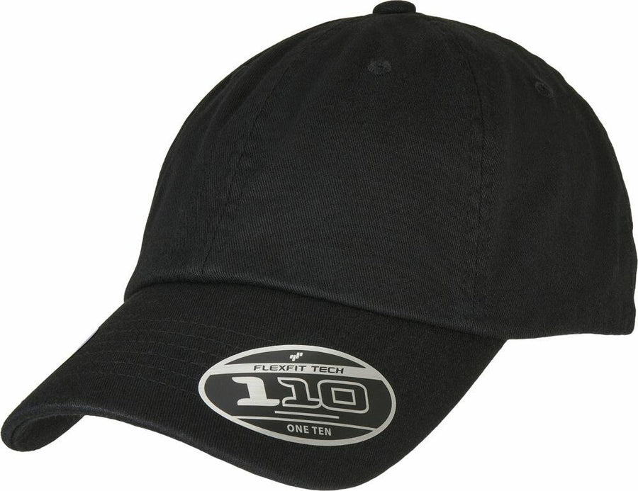 Black YP172 baseball cap with a sticker on the brim displaying "FLEXFIT TECH 110 ONE TEN" by Flexfit By Yupoong.