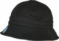 A black YP173 bucket hat by Flexfit By Yupoong featuring a wide brim and a small circular logo on the side.