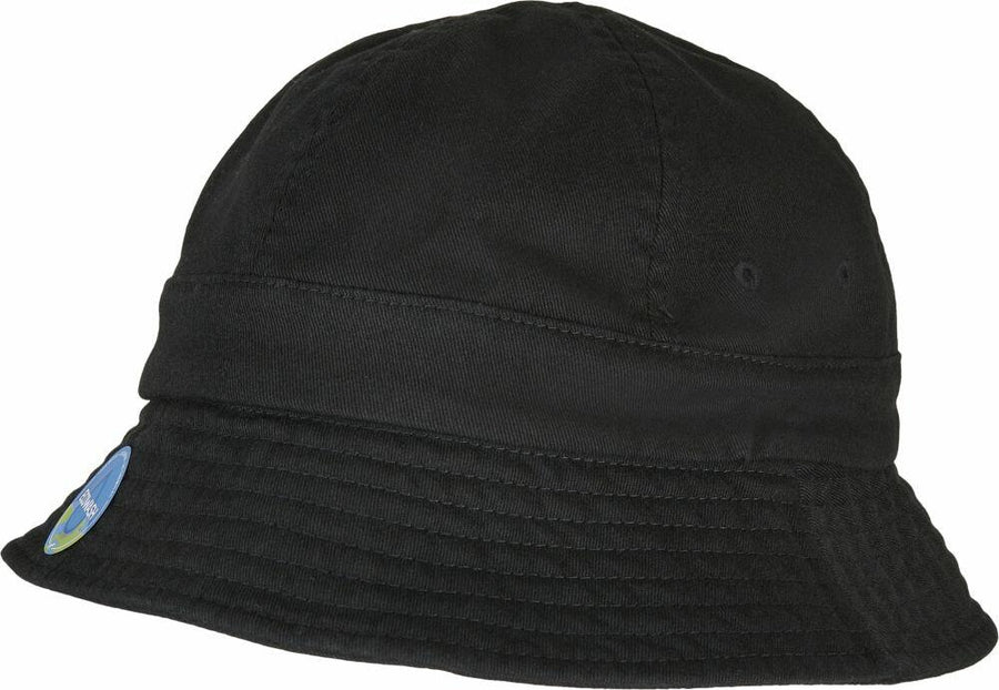 A black YP173 bucket hat by Flexfit By Yupoong featuring a wide brim and a small circular logo on the side.