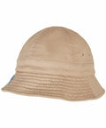 A tan bucket hat with stitching details and a small blue tag on the side, the YP173 by Flexfit By Yupoong.