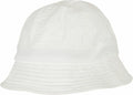 The YP173 by Flexfit By Yupoong is a plain white bucket hat featuring visible stitching on the brim and crown.