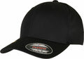 A black YP174 baseball cap from Flexfit By Yupoong featuring a sticker on the brim.