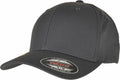 A dark gray YP174 baseball cap by Flexfit By Yupoong, featuring a curved brim and a sticker on the front.