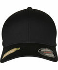 Black baseball cap with curved brim, featuring stickers on the front indicating Flexfit By Yupoong and a reserved sticker. Plain and unadorned. This is the YP174 model.