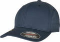 The YP174, a baseball cap by Flexfit By Yupoong, is dark blue with visible stitching and a rounded top. It features a circular sticker on the brim that says, "The original Flexfit - it fits your life.