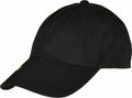 The YP175 by Flexfit By Yupoong is a plain black baseball cap featuring a curved brim and an adjustable back.