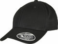 A black baseball cap from Flexfit By Yupoong, model YP176, with a curved brim and a front sticker displaying "FLEXFIT TECH 110 ONE TEN.