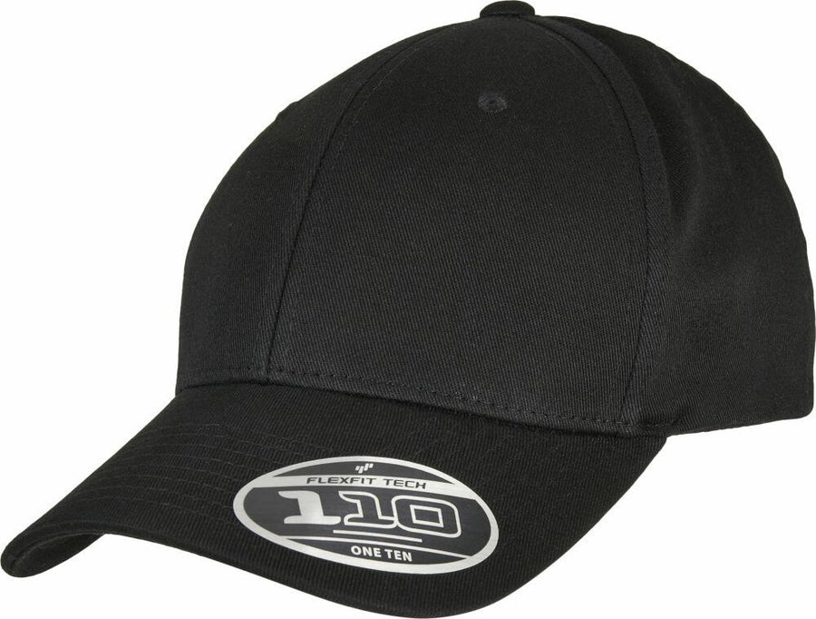 A black baseball cap from Flexfit By Yupoong, model YP176, with a curved brim and a front sticker displaying "FLEXFIT TECH 110 ONE TEN.