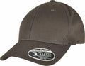 A dark gray baseball cap from the brand Flexfit By Yupoong, featuring a curved brim and a "Flexfit Tech 110" sticker on the front, known as product YP176.