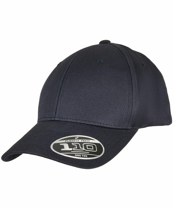 A dark blue baseball cap with an attached sticker on the brim that reads "Flexfit By Yupoong YP176.