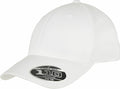 A plain white baseball cap named YP176 from Flexfit By Yupoong, featuring a curved brim and adorned with a Flexfit Tech 110 sticker on the brim, is displayed against a white background.