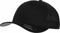A YP179 black baseball cap by Flexfit By Yupoong, featuring a mesh back and a curved brim.