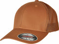 A brown YP179 trucker cap by Flexfit By Yupoong, featuring a mesh back and a sticker on the brim.