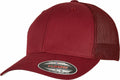 A Flexfit By Yupoong YP179 maroon baseball cap featuring a mesh back panel and a Flexfit sticker on the brim.