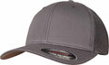 The YP179 baseball cap from Flexfit By Yupoong features a solid gray front panel and a mesh back. It comes with a curved brim and includes a small sticker on the front.