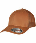 A brown baseball cap with a mesh back and a sticker on the brim that reads "Flexfit By Yupoong YP179 - Fitted Cap.