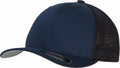 The YP179 by Flexfit By Yupoong is a navy blue and black baseball cap featuring a structured design with a mesh back and a curved brim, complete with a sticker on the brim.