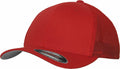 Introducing the YP179 by Flexfit By Yupoong: a red baseball cap featuring a solid front, breathable mesh back, and curved brim. It includes a sticker on the brim that details its brand and size.