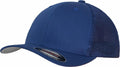 The YP179 by Flexfit By Yupoong is a blue baseball cap featuring a solid front and mesh back. It has a curved brim with a small round button on top and includes a sticker on the brim, enhancing its overall design.