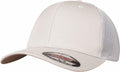 The YP179 from Flexfit By Yupoong is a light gray baseball cap featuring a solid front panel and a mesh back. It has a curved brim and comes with a sticker on the front.