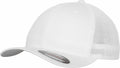 YP179 by Flexfit By Yupoong is a white mesh baseball cap featuring a flat brim and the Flexfit logo sticker on the bill.