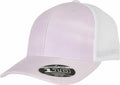 The YP181 cap by Flexfit By Yupoong features a light purple front, complemented by a white mesh back and adorned with a sticker on the brim.