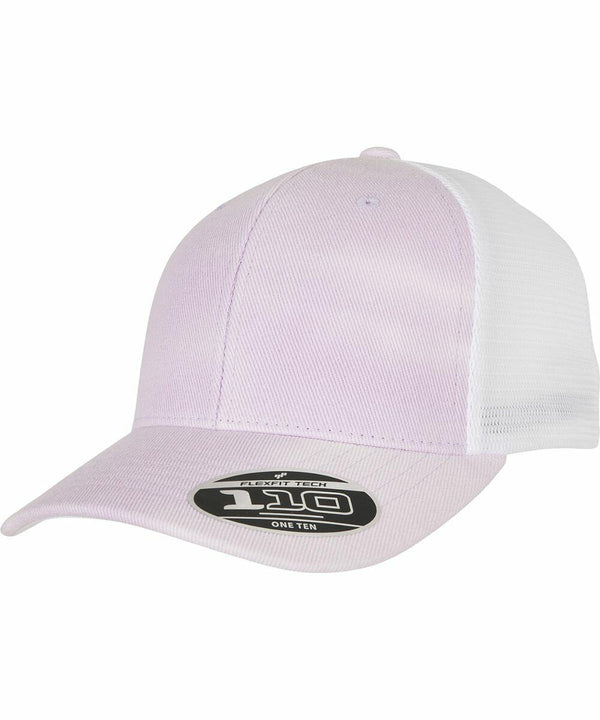 A lavender and white mesh baseball cap with an "110 Flexfit" sticker on the brim from Flexfit By Yupoong, model YP181.