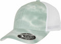 Flexfit By Yupoong's YP181 is a green and white tie-dye baseball cap featuring a mesh back and a sticker on the brim.