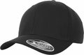 A Flexfit By Yupoong YP182 black baseball cap featuring a curved brim and a sticker on the front.