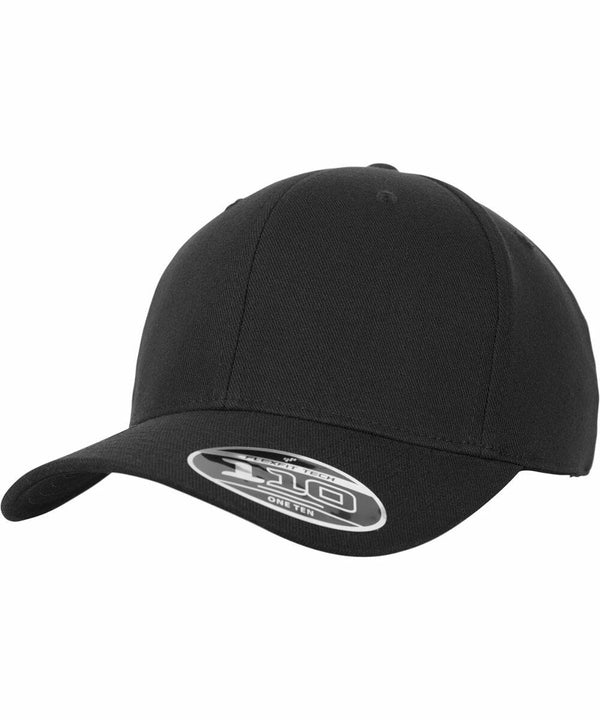 A black baseball cap with a curved brim, featuring a YP182 sticker on the front from Flexfit By Yupoong.
