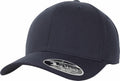 A Flexfit By Yupoong YP182 black baseball cap featuring a curved brim and a front sticker.