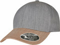 A gray and brown baseball cap labeled "Flexfit By Yupoong YP183" on the brim.