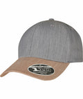 A gray Flexfit By Yupoong cap (YP183) with a brown curved brim featuring a black and white sticker on the bill that reads "Flexfit Tech 110 One Ten.