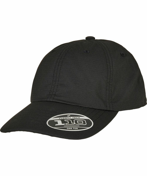 A black Flexfit By Yupoong cap with a sticker on the bill that reads "YP184 Tech 110 One Ten.