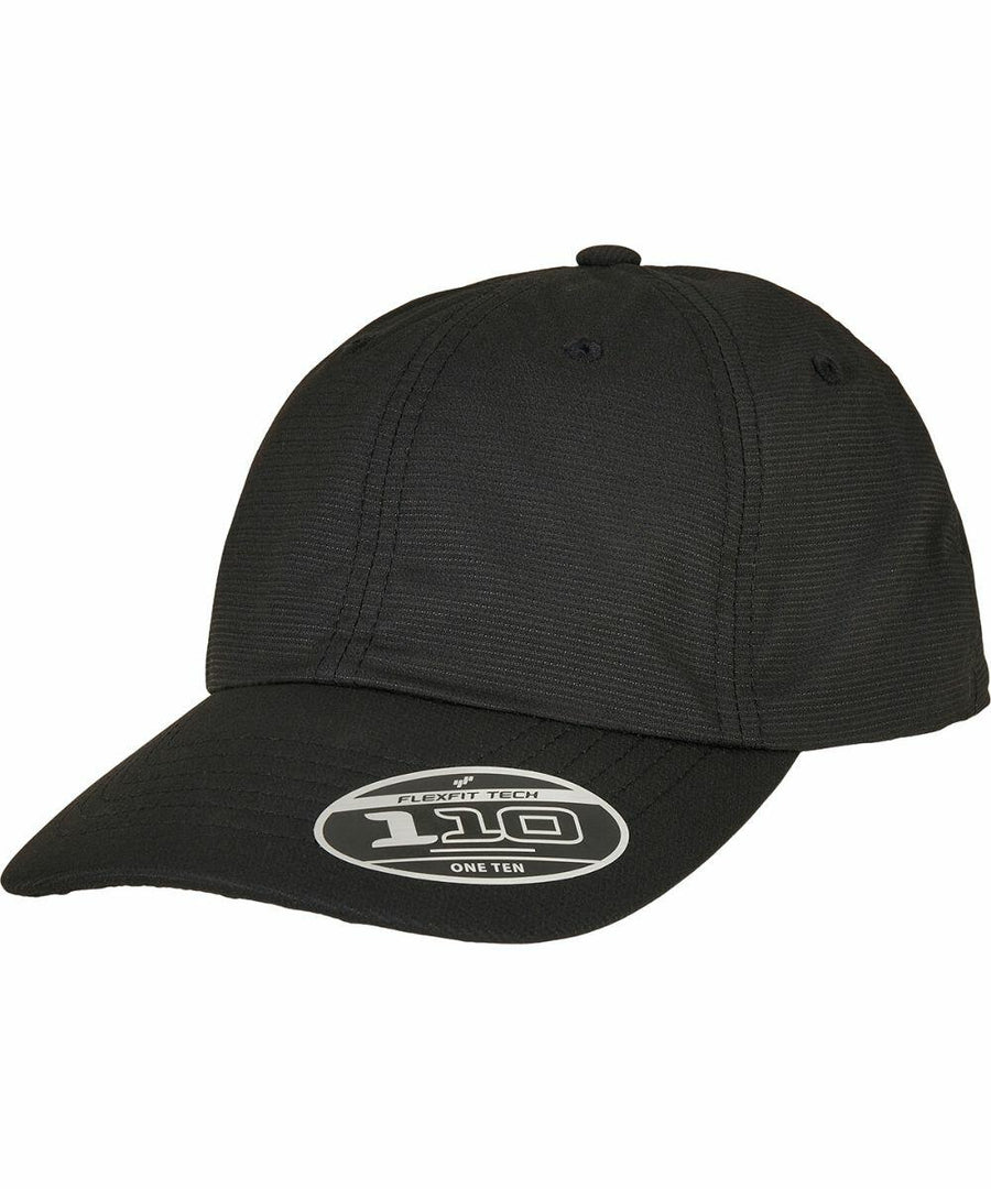 A black Flexfit By Yupoong cap with a sticker on the bill that reads "YP184 Tech 110 One Ten.