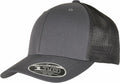 Flexfit By Yupoong's YP185 is a gray trucker cap featuring a curved brim, mesh back, and a front sticker.