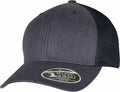 A YP185 baseball cap by Flexfit By Yupoong, featuring a gray and black mesh design with a sticker on the brim.