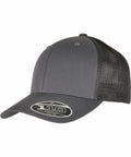 A gray trucker cap with a mesh back and a sticker on the brim displaying "110" and "One Ten." It is the YP185 by Flexfit By Yupoong.