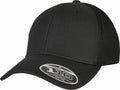 A Flexfit By Yupoong YP188 baseball cap in black featuring a mesh back and a curved bill, with a front sticker that says "Flexfit Tech 110 One-Ten.