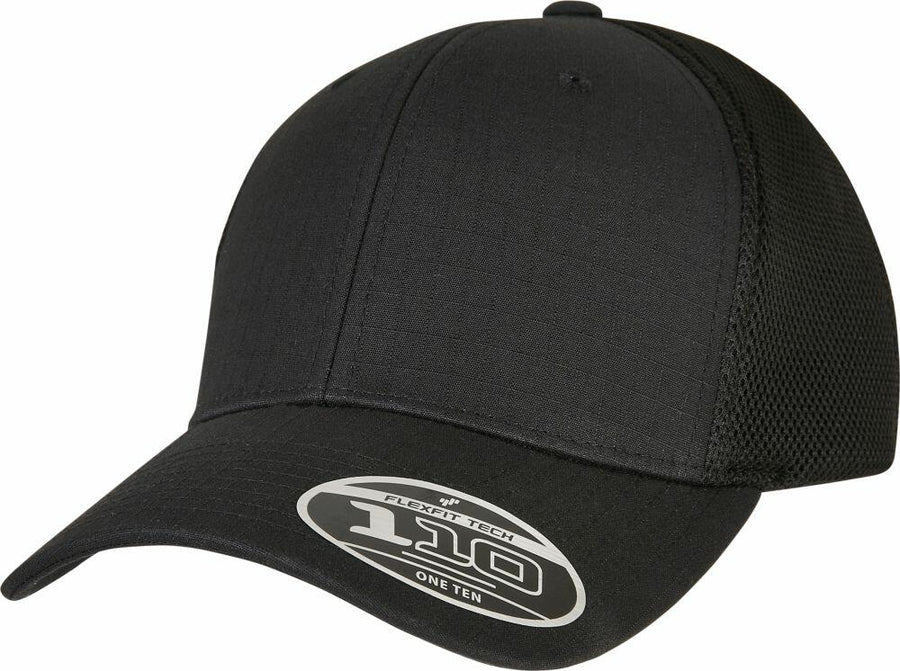 A Flexfit By Yupoong YP188 baseball cap in black featuring a mesh back and a curved bill, with a front sticker that says "Flexfit Tech 110 One-Ten.