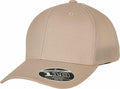 The YP188 by Flexfit By Yupoong is a beige baseball cap featuring a mesh back and a brim adorned with a sticker that reads "Flexfit Tech 110 One Ten.